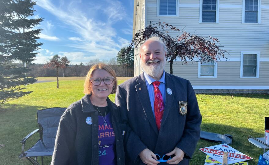Kathy DesRoches is challenging State Rep. Dan McGuire as a write-in - but they're on friendly enough terms to pose for a photo. "We're both on Planning Board, and she's my chair," he said with a laugh