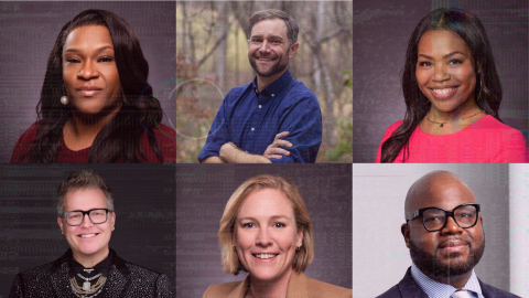 A camera filter is placed over headshots of Asheville City Council candidates, who starting at top left are Sheneika Smith, Drew Ball, Antanette Mosely, Jeffrey Burroughs, Maggie Ullman and Keith Young.