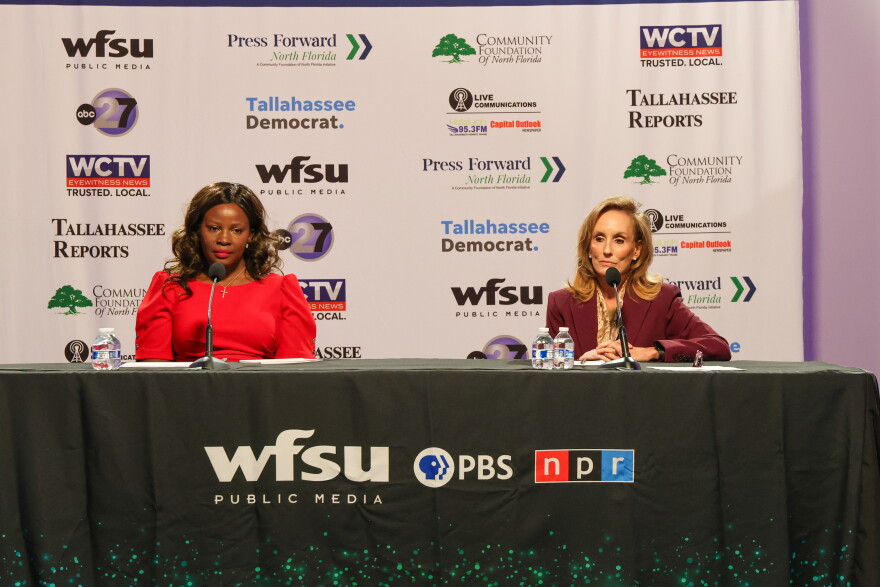 Candidates for Florida House District 9 race Republican Tracy Robinson (left) and Democrat incumbent Allison Tant (right) participate in a candidate forum hosted by the Capital Region News Collaborative and the League of Women Voters of Tallahassee.