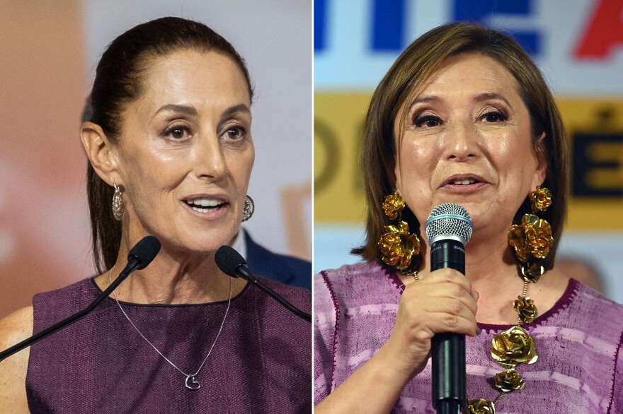 Left: Claudia Sheinbaum, former mayor of Mexico City, at a rally announcing she will be the Morena party's presidential candidate in next year's election, in Mexico City on Wednesday. Right: Former Mexican Sen. Xóchitl Gálvez speaks after registering as a presidential pre-candidate for a broad opposition coalition in Mexico City on July 4.