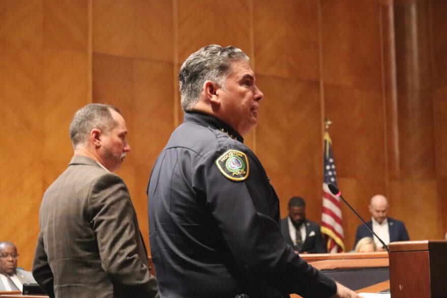 Houston Police Chief Noe Diaz, right, and Houston Police Officers' Union president Douglas Griffith speak at a Houston City Council meeting on Wednesday, May 21, 2025.