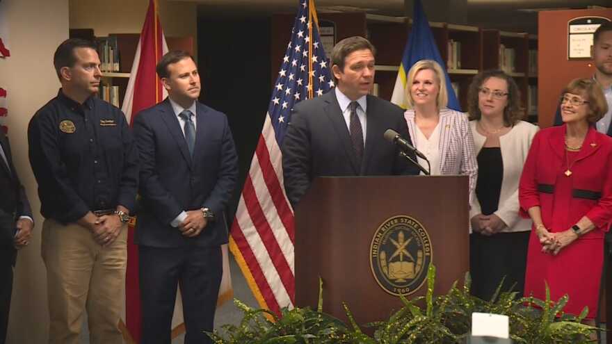 Governor Ron DeSantis speaks at Indian River State College. Left to Right: Rep. Toby Overdorf, House Speaker Chris Sprowls, DeSantis, Rep. Dana Trubulsy, Rep, Erin Grall, and State Senator Gayle Harrell