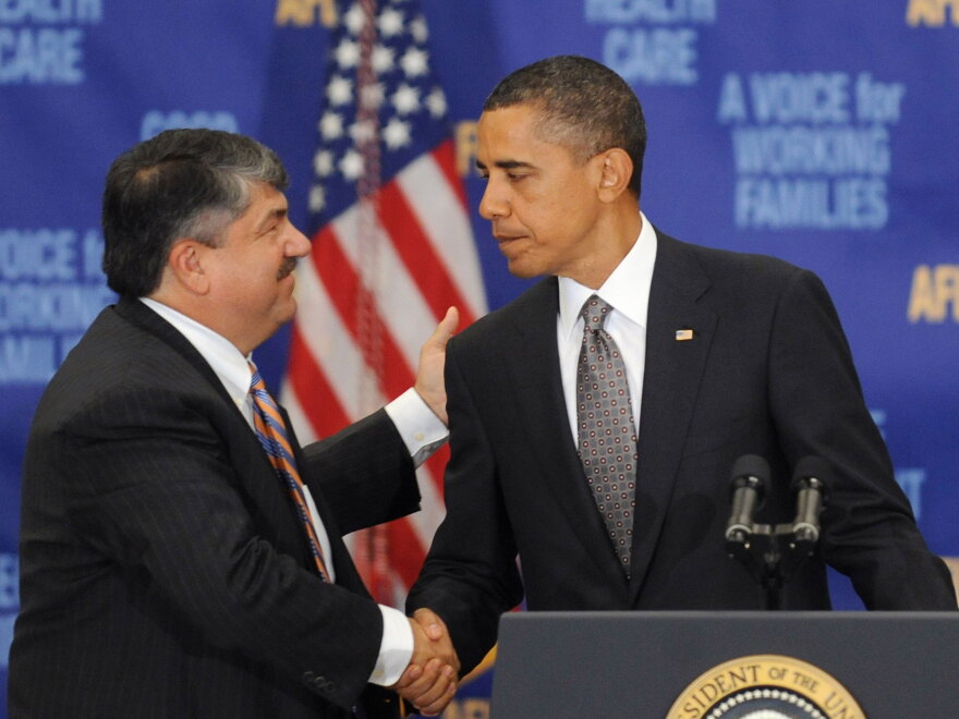 Barack Obama shakes hands with labor leader Richard Trumka. Michael Barone of <em>National Review</em> argues that the era of cooperation between labor, business and government should end.