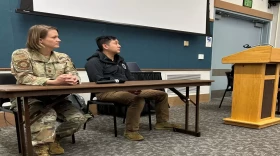 Maj. Kimberly Westfall, director of the AKNG Counter Drug Support Task Force, and Capt. Roger Tran, National Guard Civil Support Team, at the Ted Ferry Civic Center on Feb. 6 (Jack Darrell/KRBD)