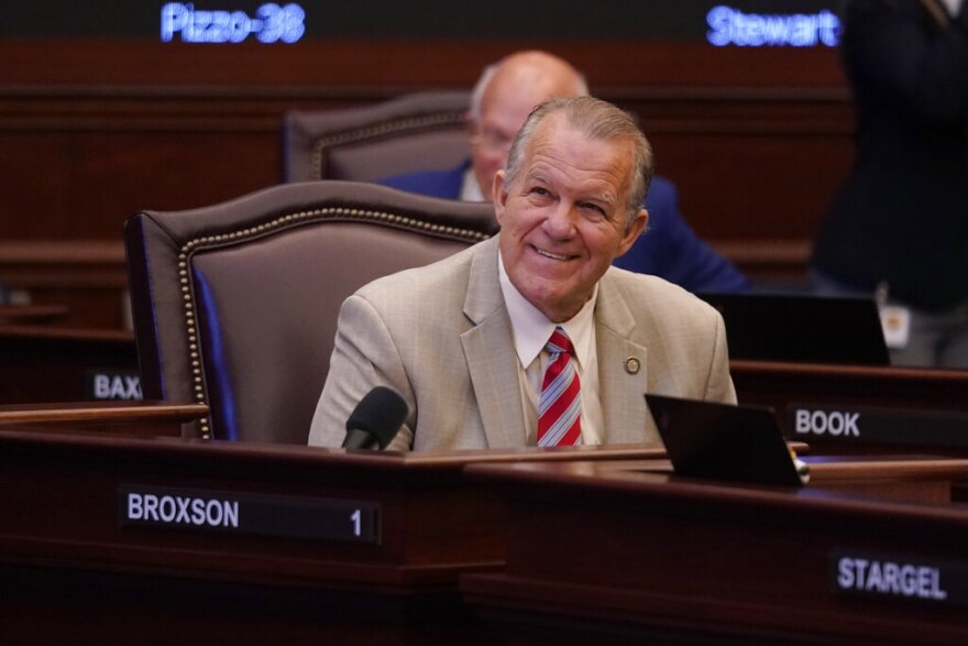 Florida Sen. Doug Broxson smiles during a legislative session, Friday, April 30, 2021, at the Capitol in Tallahassee, Fla.