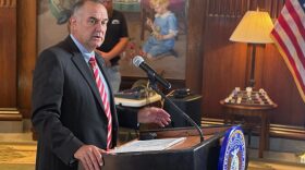 Missouri Gov. Mike Kehoe discusses the 2025 legislative session with reporters in his Capitol office on May 16.