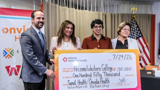 AWC, Onvida and Sunset gathered Wednesday, July 29, to celebrate a $150K grant from Arizona Complete Health. From left to right: Justin Farren, senior vice president and chief strategy officer at Onvida Health; Dr. Saika Somjee, senior director of clinical operations and education at Sunset Health; Dr. Reetika Dhawan, president of Arizona Western College; and Maria Chavoya, regional manager of community affairs at Arizona Complete Health and AWC governing board member.