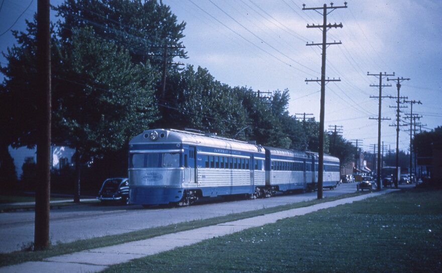 An Ilinois Traction interurban train pulling into Morton, circa 1949.