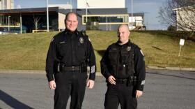 From left to right, Kodiak Police Chief Tim Putney and Sgt. Michael Sortor. (Photo by Kavitha George/KMXT)