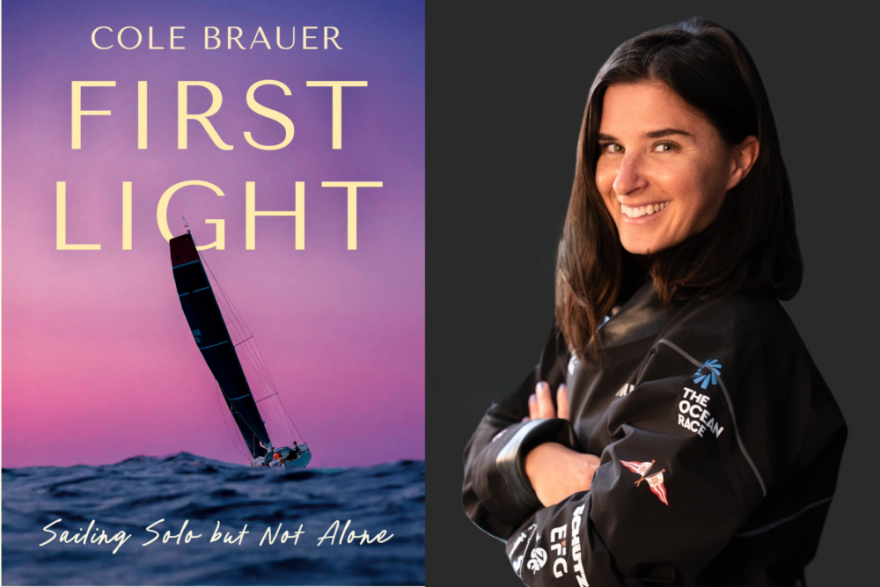 The cover of "First Light" beside author Cole Brauer. (Courtesy of Flore Hartout)