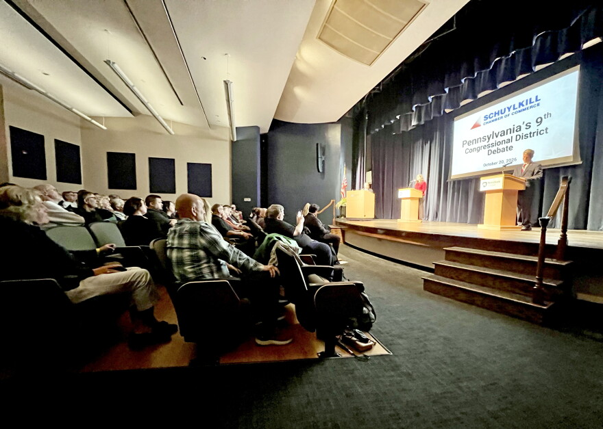 Audience members listen during the Tuesday, Oct. 20, 2026 debate between Republican U.S. Rep. Dan Meuser, right, and Democratic challenger Rachel Wallace in the John E. Morgan Auditorium of Penn State Schuylkill's Student Community Center, Schuylkill Haven.