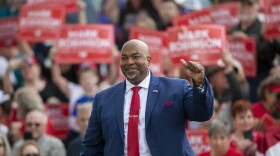 North Carolina Lt. Gov. Mark Robinson arrives for a rally where he announced his candidacy for governor, Saturday, April 22, 2023, at Ace Speedway in Elon, N.C.