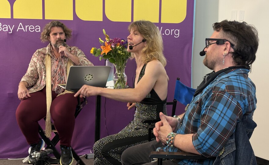 Sara Corbett and Aaron Haldiman speaking as panelists during the "Pollinating the Possible" program at KALW'S Studio Event Space.