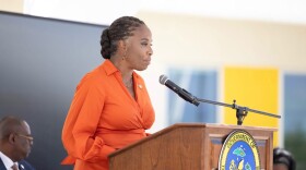 Pictured: Delegate to Congress Stacey Plaskett speaks during the ribbon cutting ceremony for the new Arthur A. Richards Pre-K through 8th grade School.