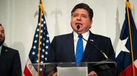 Illinois Gov. JB Pritzker speaks at a Texas Democratic Party press conference ahead of the Republican National Convention on Wednesday, Sept. 9, 2026, in Dallas.