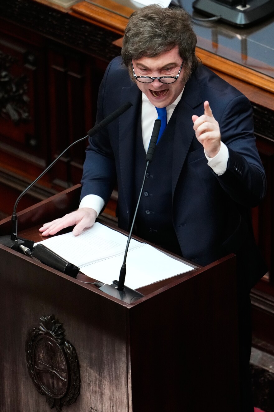 Argentina's President Javier Milei delivers the annual State of the Nation address at Congress in Buenos Aires, Argentina, Sunday, March 1, 2026.