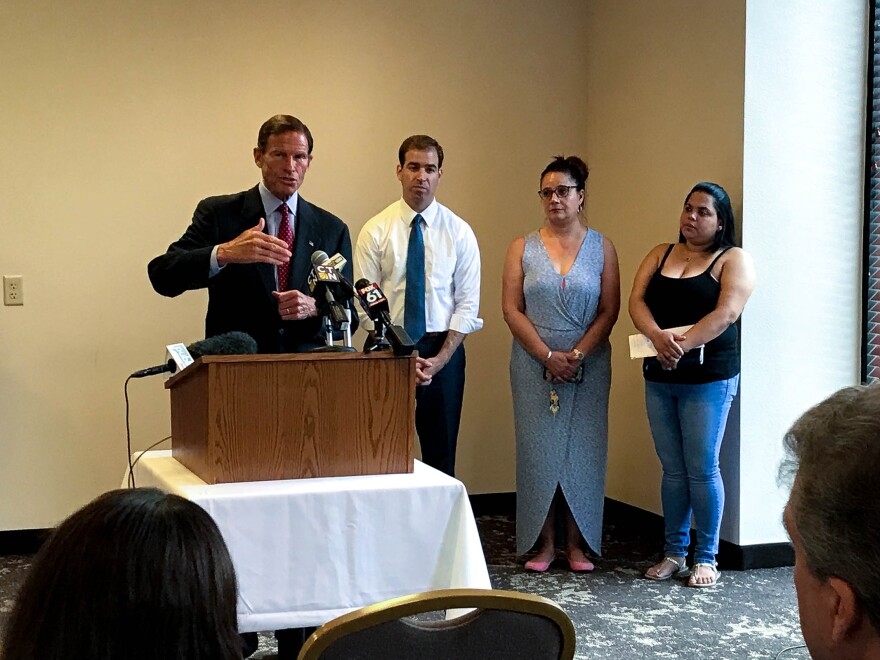 Senator Richard Blumenthal addressed reporters and concerned citizens regarding short and long-term housing solutions for Puerto Rican evacuee families on July 3 at Hartford's Red Roof Inn Plus.