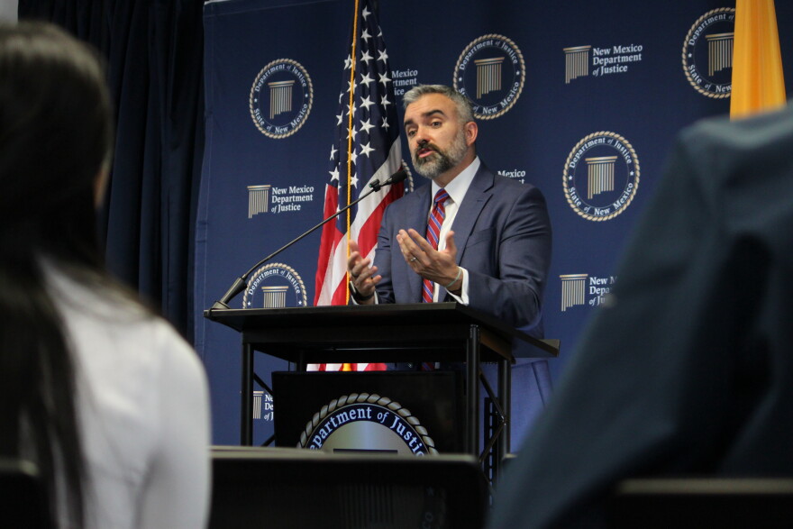 New Mexico Attorney General Raúl Torrez discusses a judgment in the state's Facebook case during a news conference in Albuquerque, N.M., on Wednesday, Oct. 21, 2026. (AP Photo/Susan Montoya Bryan)