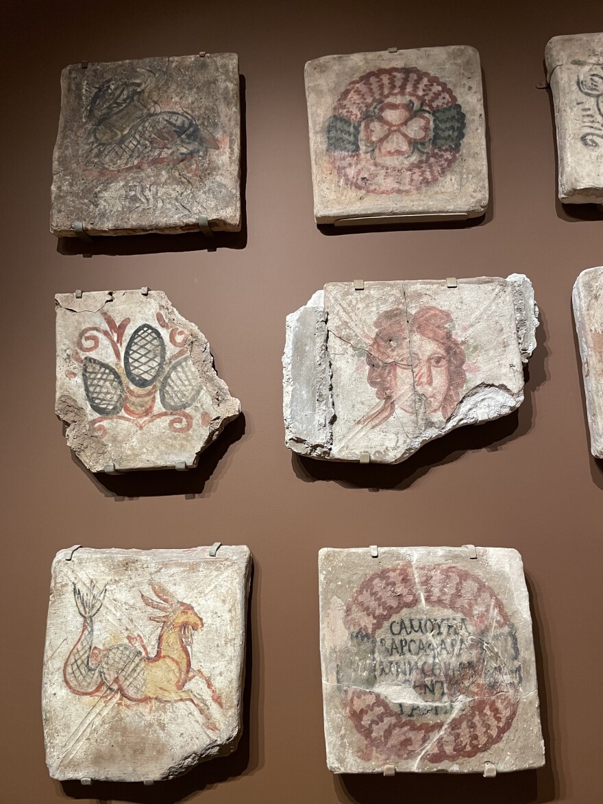 Tiles inspired by zodiac symbols and Roman mythology recovered from a synagogue in Dura-Europos, in present-day Syria.