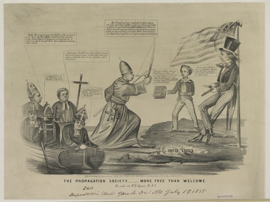 This cartoon, published around 1855, reflects the pervasive anti-Catholic sentiment of the era — perhaps best epitomized by the rise of the Know-Nothings, a nativist political party. Catholics, led by the pope, are depicted as an invading force of foreigners, rebuffed by a man dressed like Uncle Sam, who likens them to the anti-Christ.