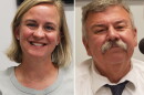 Side-by-side closeup of woman and man smiling. The woman is wearing a light colored top and the man in wearing a white dress shirt and blue tie.