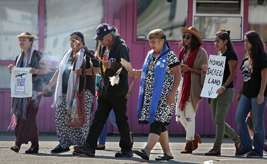 Berkeley, CA — Chief Caleen Sisk (Winnemem Wintu), Wounded Knee DeOcampo (Miwok), Corrina Gould (Confederated Villages of Lisjan) and Pua Case (Native Hawaiian) lead a protest in the Bay Area. Run4Salmon organizers Desirae Harp (Mishewal OnastaTis Nation), Niria Alicia, and Hawane Rios (Native Hawaiian) walk behind them. September 8, 2017.