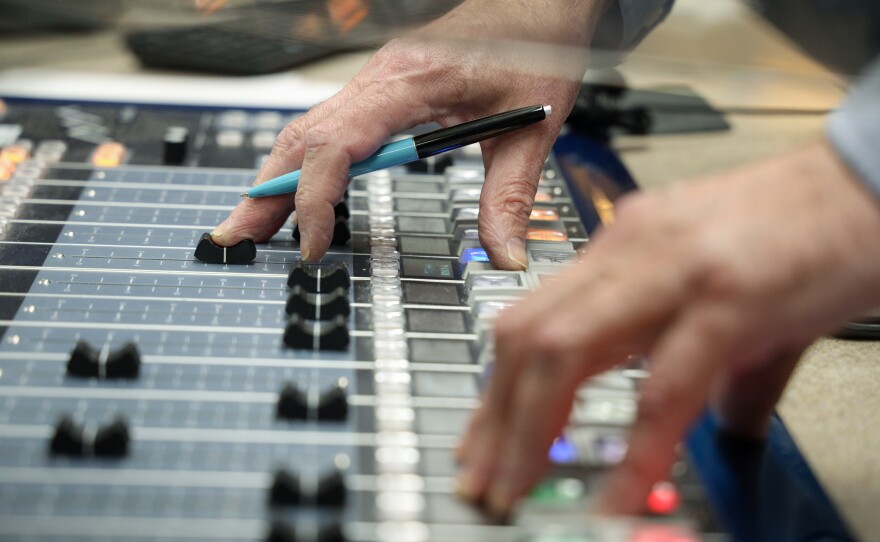 Alex Crichton operates the board during an on-air shift where he hosts local newscast breaks during NPR’s “All Things Considered” on Monday, Feb. 9, 2026. The longtime radio journalist is retiring Feb. 27, 2026.