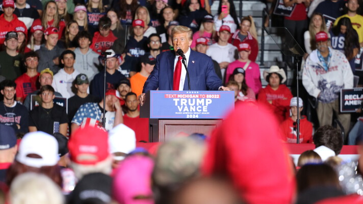Former President Donald Trump delivering a campaign on the campus of Saginaw Valley State University on Oct. 3, 2024.