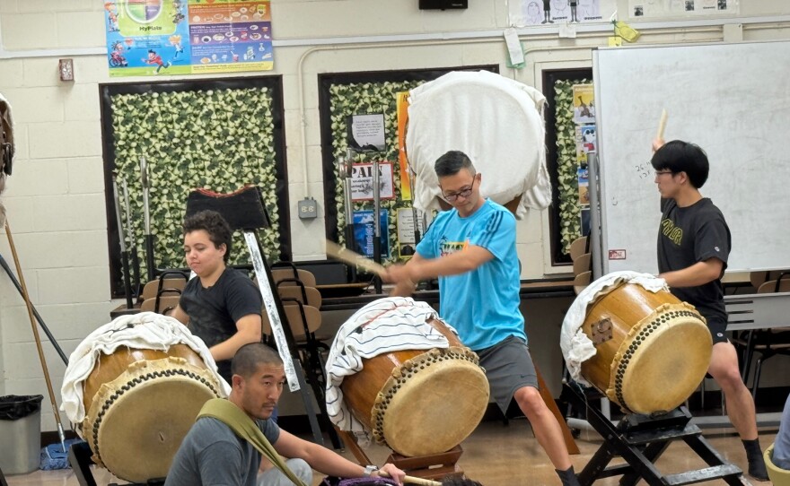 Taiko drum performers practicing.