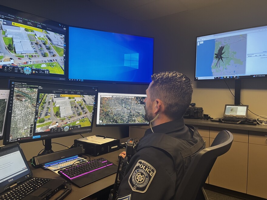 Sergeant Kyle Williams responds to a call for service at South Eugene High School, dispatching a drone stationed near Skinner's Butte Park on Cheshire Avenue.