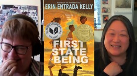 Two women talking on a videoconference call talking about a book. Image of the book set in between them, the book is titled "The first state of being" by Erin Entrada Kelly.