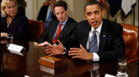 From left: Sen. Mary Landrieu (D-LA), Treasury Secretary Timothy Geithner and President Obama meet with members of Congress and small-business leaders at the White House Monday.  The president announced that he has asked Geithner to use all legal tools to block executives at AIG from receiving bonuses.