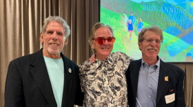 Egyptian Theatre Manager Randy Barton (center) received the 2026 Spirit of Hospitality Award, presented by Myles Rademan (left) and Bob Richer (right), on Sept. 3, 2026.