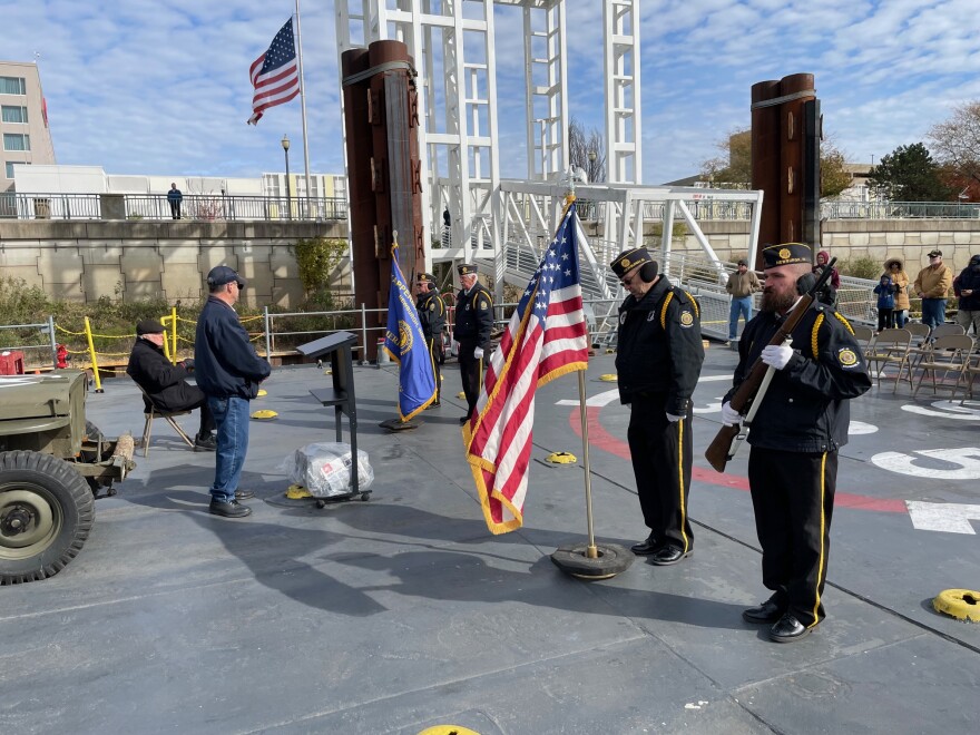 Members of the American Legion Post 44 present the colors aboard LST 325 on Veterans Day 2025