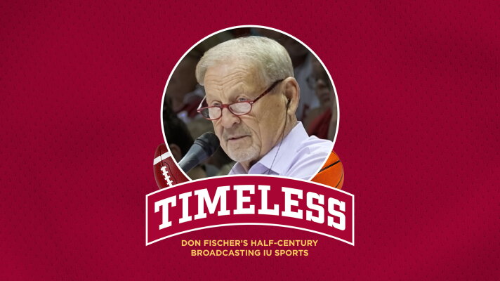 Timeless: Don Fischer's Half-Century Broadcasting IU Sports - logo on red background