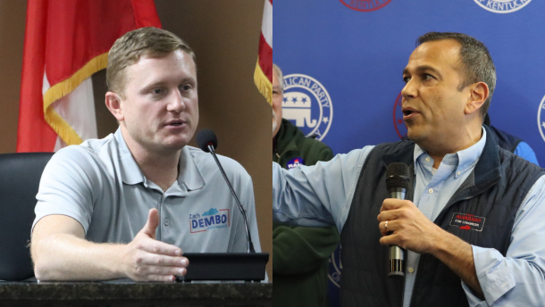 Democrat Zach Dembo (left) speaks at a event with campaign-finance reform PAC End Citizens United on Saturday. Earlier that day, Republican Ralph Alvarado rallied at a Fayette County GOP event.