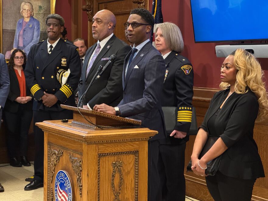 From left: Blaine Griffin, Mayor Justin Bibb, Dorothy Todd and Leigh Anderson stand during a Feb. 19, 2026, news conference to provide an update on Cleveland's consent decree.