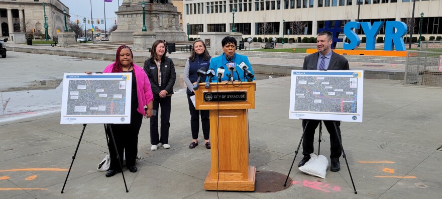 Syracuse Mayor Sharon Owens speaks at a news conference in Syracuse Thursday, March 29, 2026