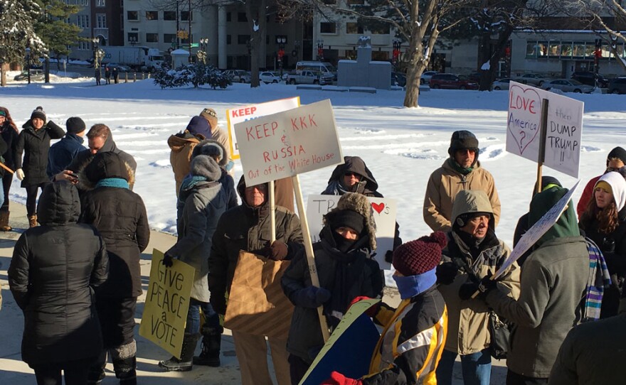 Protestors outside the Capitol in Lansing encouraging electors to not vote for Donald Trump.