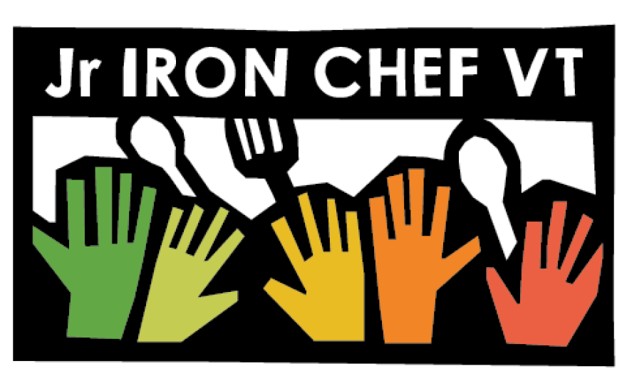 Text: Jr Iron Chef VT. Colorful hands and spoons over a black and white background.