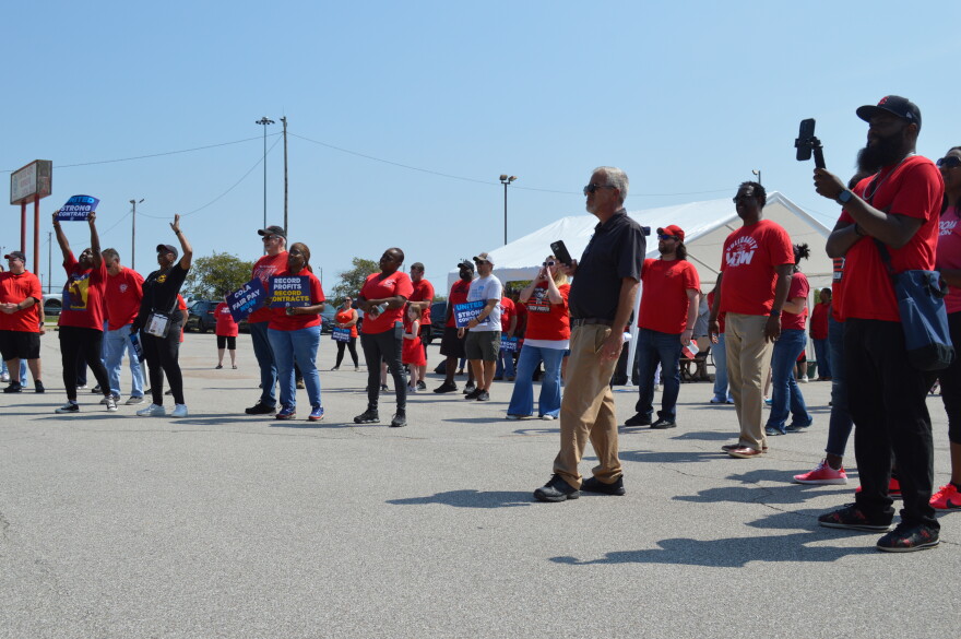  United Auto Workers members gathered on the parking lot of local UAW 2250 to call for General Motors to agree to it contract demands. If a new contract isn't reached by Thursday, workers could go on strike