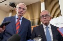 Former U.S. Sen. Rob Portman (left) and Gov. Mike DeWine (right) at the University of Cincinnati in October 2025.