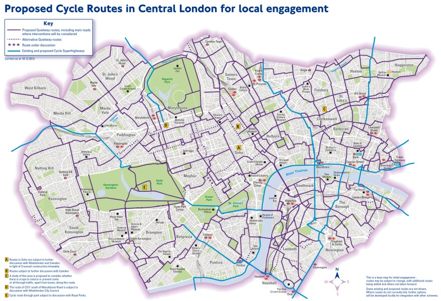 A map of bike routes that exist or are planned in London as the city modernizes its roads.