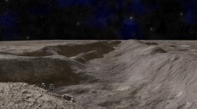 An artist's rendition of two astronauts exploring the rim of a canyon on the moon.