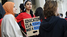 Sidratul Muntaha, 18, a UConn freshman from Bristol, Conn., joins classmates at the state Capitol to protest proposed state funding changes for the university on Wednesday, Feb. 15, 2023.