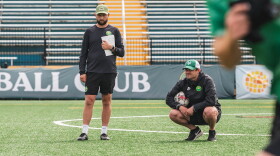 Chris Taylor and Vermont Green FC sporting director Adam Pfeifer at Burlington's Virtue Field.