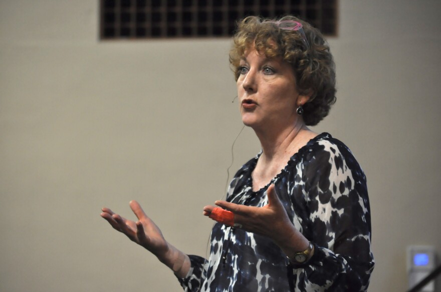 Patsy Carter of the Missouri Department of Mental Health speaks during a "Trauma Awareness" training session at Jennings High School.