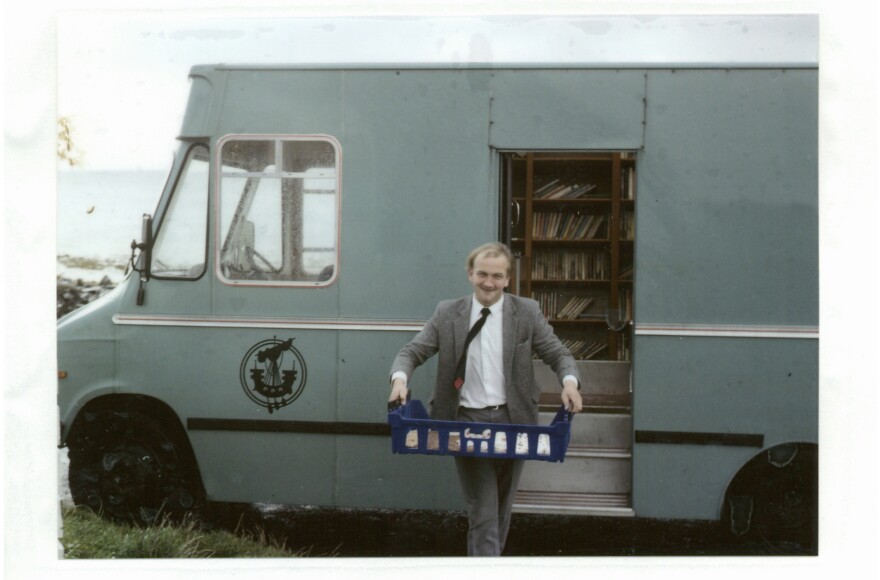 In this archival photo provided by Leabharlannan nan Eilean Siar, Donald J. Macdonald exits one of the mobile library vehicles. Macdonald served as the Uist mobile librarian from 1988 to 2003. The Outer Hebrides originally had three vans: two for Lewis and Harris, and one for North and South Uist.