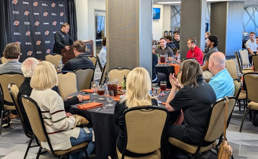 Komets players and coaches gather at the annual training camp media day lunch on October 7, 2024.