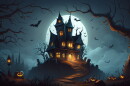 A big house with light shinning out. Outside of the house are Lack-o-lantern's, bats, and big trees.  